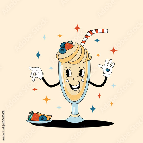 Comic flat Milkshake with face on decorated background. Vector cartoon illustration in groovy retro style with drink. Image of cute vanilla milk shake character with smile for advertising or concept