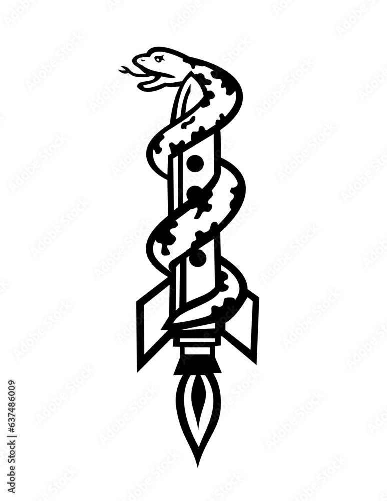 Fototapeta premium Mascot illustration of a snake coiled on rocket blasting to space viewed from side on isolated background in retro style.
