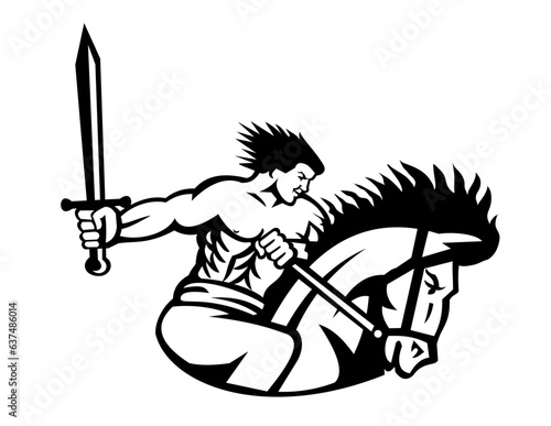 Mascot illustration of David of Sassoun or Sasun, an Armenian Hero, riding a horse with sword charging attacking viewed from side
on isolated background in retro style.