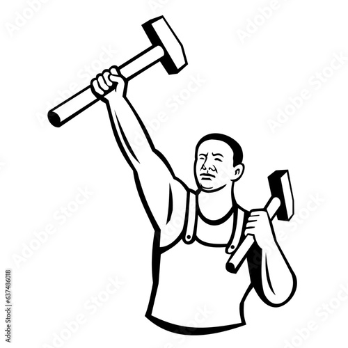 Mascot illustration of John Henry, American folk hero, African American freedman and steel driver holding sledge hammer viewed from front
isolated background in retro style.