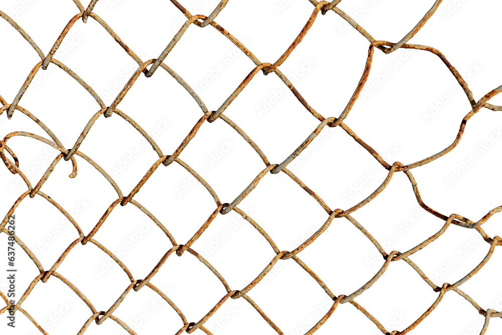 Fototapeta premium The texture of the metal mesh on a white background. Torn steel, metal mesh with holes. rusty wire