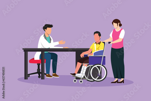 Cartoon flat style drawing doctor and patient. Practitioner doctor man and old man patient in hospital medical office. Consultation and diagnosis. Medicine concept. Graphic design vector illustration