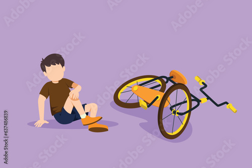 Cartoon flat style drawing of unhappy little boy fallen off bicycle. Bike accident. Kids fallen damaged bicycle broken transport children accidents helping person. Graphic design vector illustration