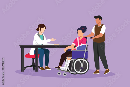 Cartoon flat style drawing doctor and patient. Practitioner doctor and beautiful woman patient in hospital medical office. Consultation, diagnosis. Medicine concept. Graphic design vector illustration