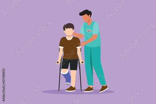 Cartoon flat style drawing rehabilitation center. Little boy patient learning to walk using crutches with help of doctor. Physiotherapy treatment people with injury. Graphic design vector illustration