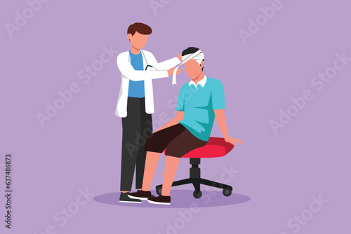 Cartoon flat style drawing of doctor bandaging head of injured young man. Paramedic and male patient head injury in hospital. Emergency or first aid medical concept. Graphic design vector illustration