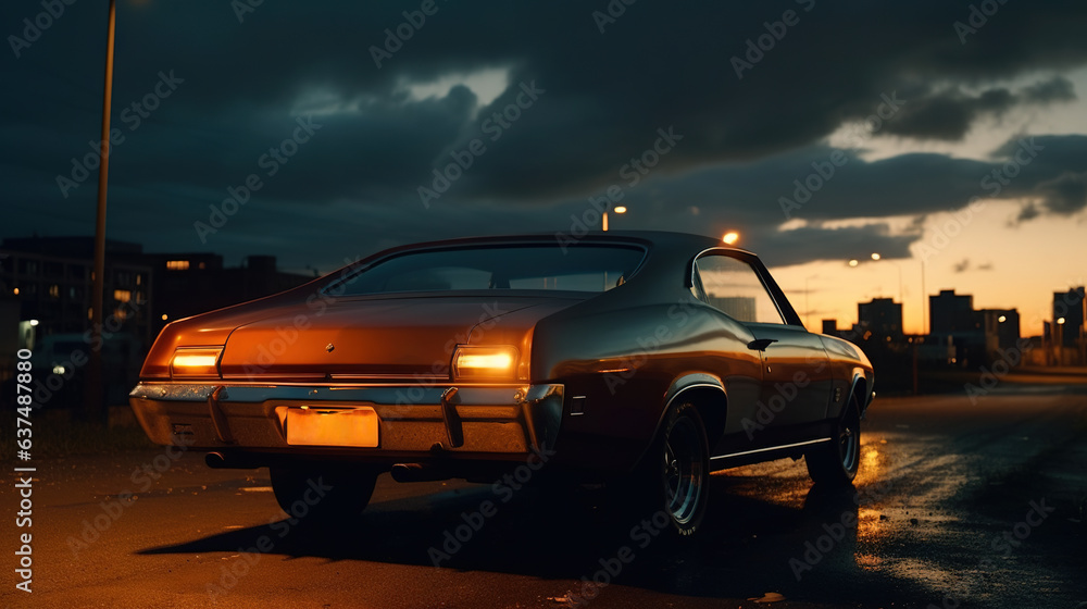 Vintage muscle car parked on the street at night. 80s styled synthwave retro scene with powerful drive in evening.