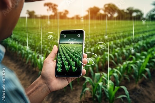 Smart farming concept, A farmer holding smartphone using management farming to manage water, soil quality and monitor weather,  IOT technology photo