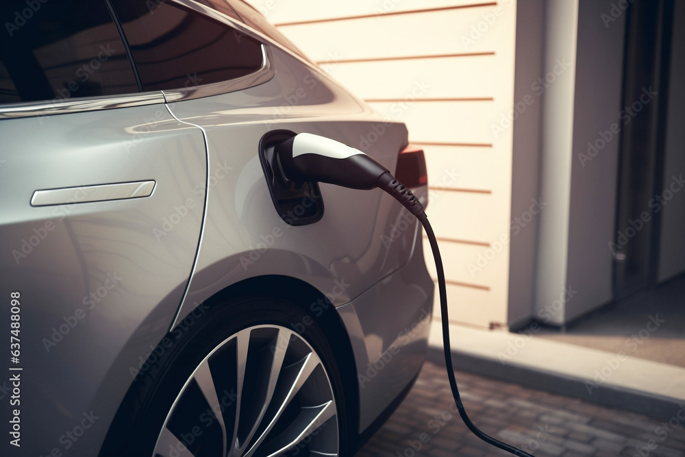 Plugged cable charging an electric family car in a garage - Home garage charging electric vehicle with cable EV - Generative AI