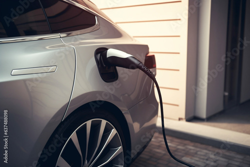 Plugged cable charging an electric family car in a garage - Home garage charging electric vehicle with cable EV - Generative AI