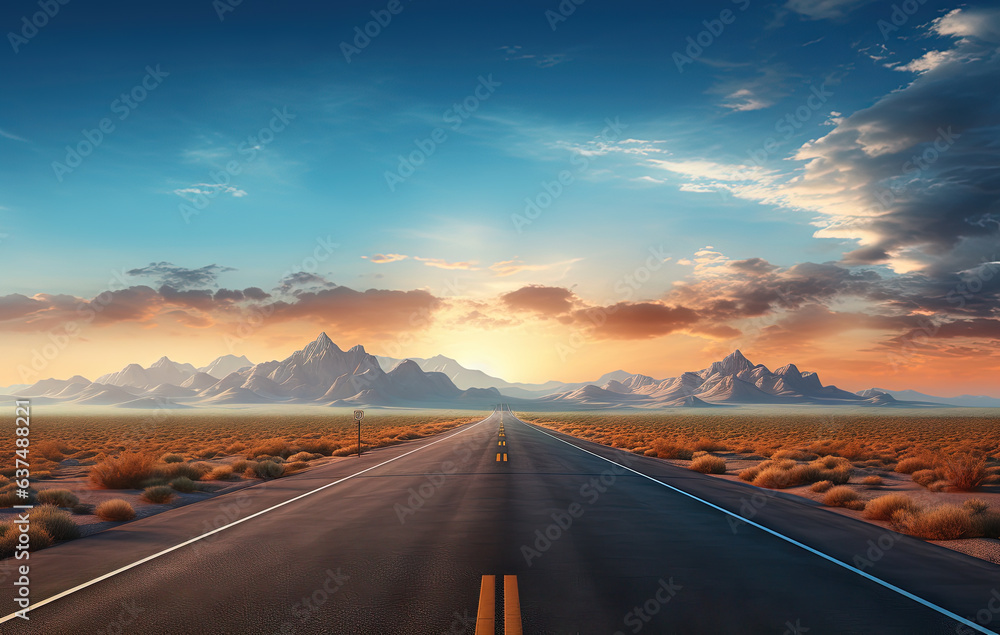 Road to the horizon. Landscape with endless highway.