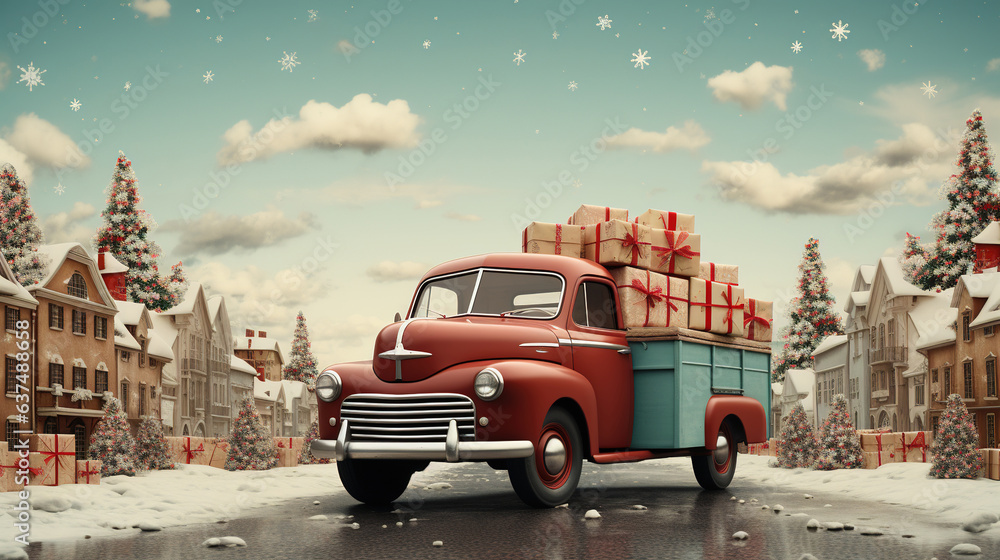 Generative AI, vintage Christmas car with many gifts, blue and red colors. Greeting xmas card, winter holidays - obrazy, fototapety, plakaty 