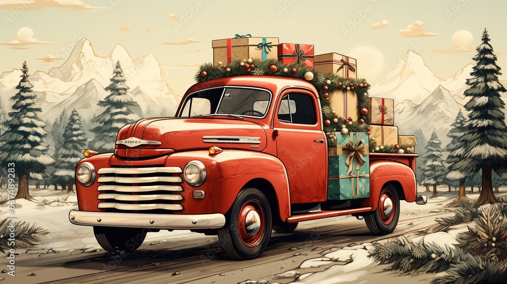 Fototapeta premium Generative AI, vintage Christmas car with many gifts, blue and red colors. Greeting xmas card, winter holidays