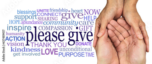 Please give what you can - female hands gently cupped around male cupped hands beside a word cloud associated to giving  transparent png file 