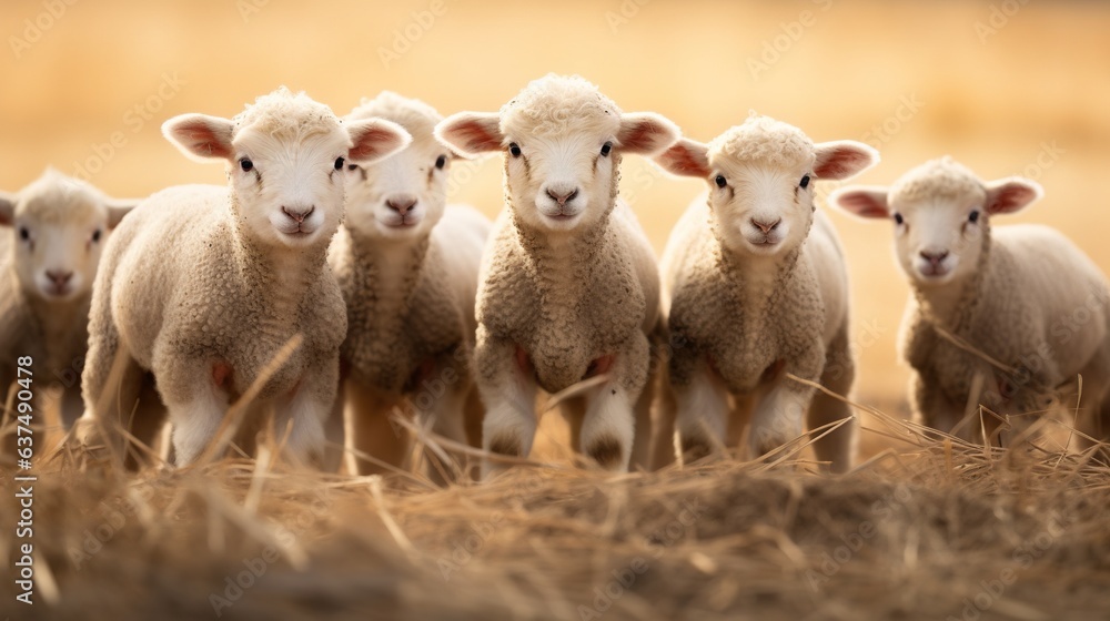 Obraz premium Generative AI, little lambs looking at the camera on a farm, baby sheeps