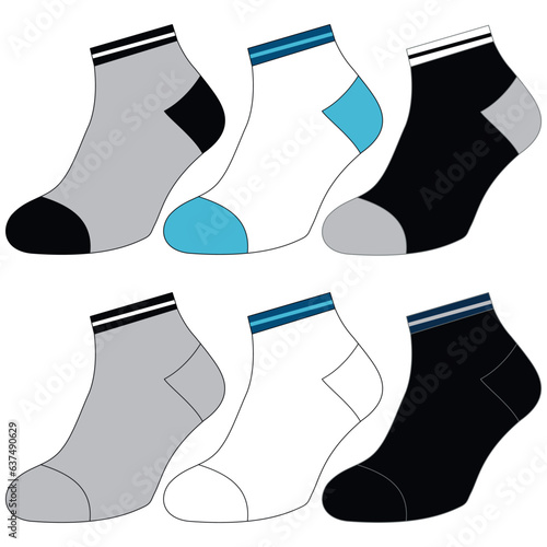 Types of plugs. Blank realistic pairs of different stockings, no show set, low cut, ankle, mid calf, calf. Products on mannequins with shadow vector isolated illustration