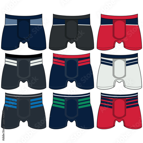 Men's underwear changes flat vector icons. Collection of modern clothing styles for men. Front view. Underwear design elements. Classic boxers, trunks, bikini, strings, thong