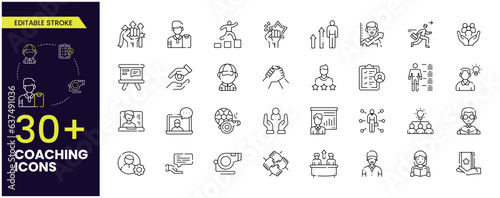 Set of Vector Line Icons Related to coaching, Persistence, Determination, Purposefulness, workshop, professional consulting service, training and development. for Development. Editable Stroke.
