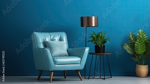 Stylish living room design with armchair and modern accessories. Blue wall. Staging. Template. Copy space.