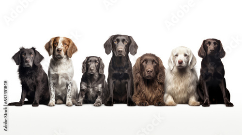 Group of sitting dogs of different breeds on a white background