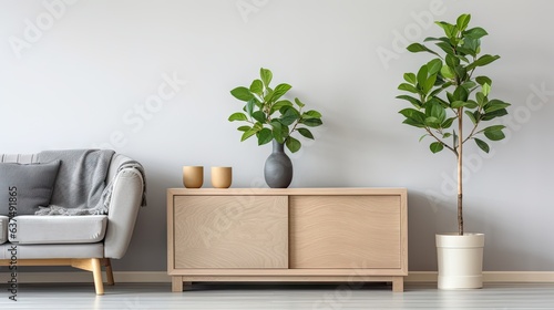 Real photo of a green plant on a Scandinavian cabinet in a cozy gray living room with a simple design.