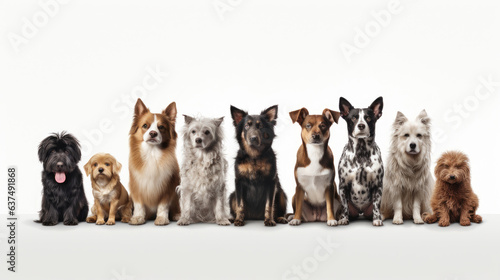 Group of sitting dogs of different breeds on a white background