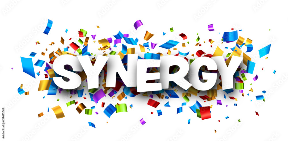 Synergy sign over colorful cut out foil ribbon confetti background. Design element. Vector illustration. Synergy sign over colorful cut out foil ribbon confetti background. Design element. Vector illustration.