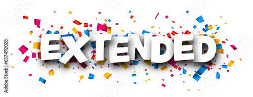 Banner with extended sign over colorful cut out ribbon confetti on blue background. Design element. Vector illustration.