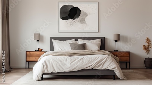 Oil painting of black abstraction in frame on neutral wall in cozy bedroom.