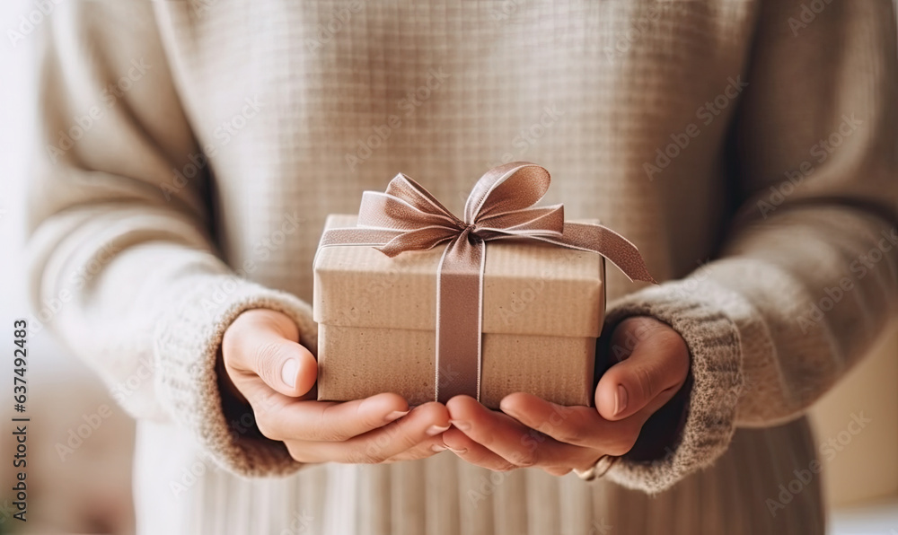 a happy woman holds a gift box in her hands - obrazy, fototapety, plakaty 