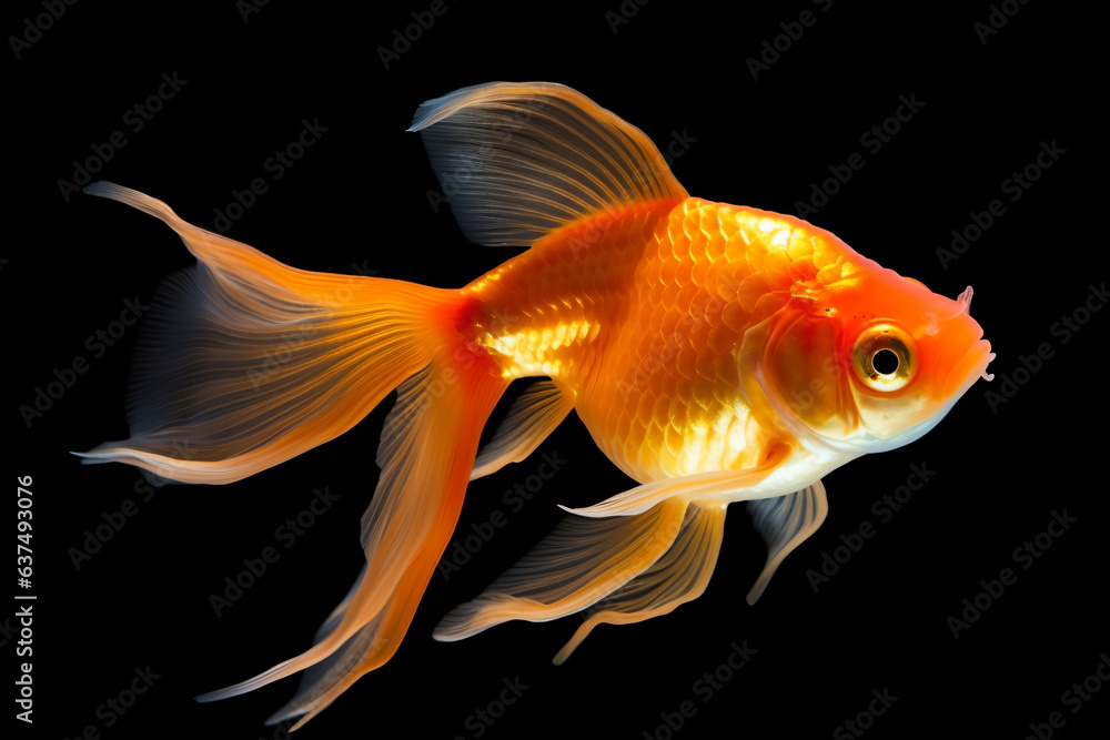 a goldfish swimming in a tank with a black background a goldfish swimming in a tank with a black background