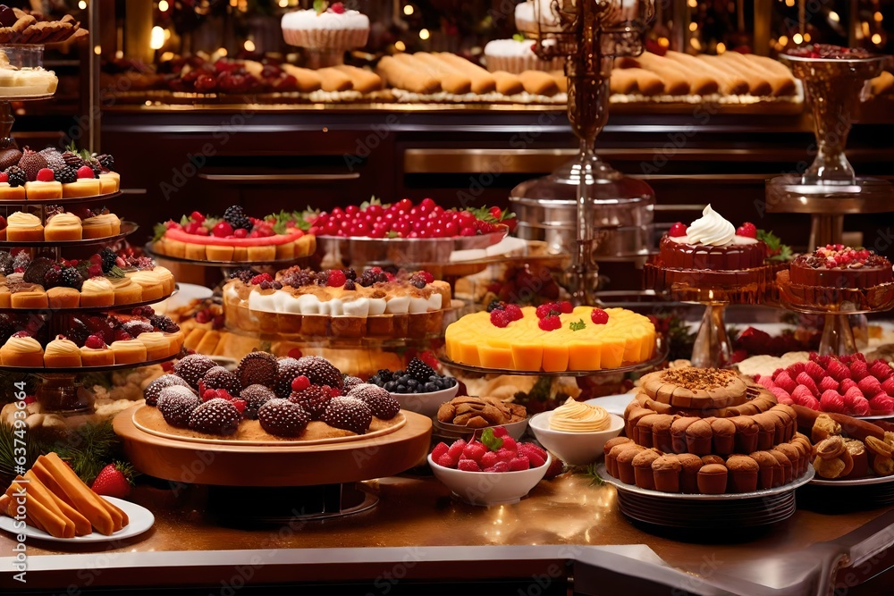 an image of Gourmet Dessert Buffet showcasing an opulent dessert buffet with a wide array of delectable treats, from cakes and pastries to cookies and ice cream