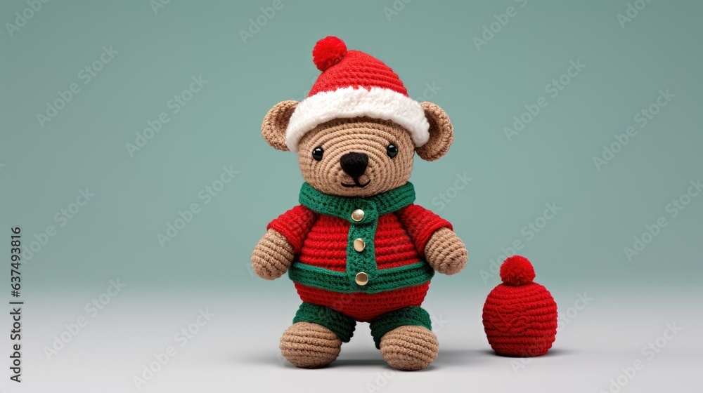 Christmas knitted brown bear toy. Handmade knitted toy created with Generative AI technology.