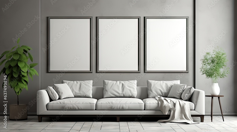 Fototapeta premium Gray living room interior with farmhouse style mock up frame, .