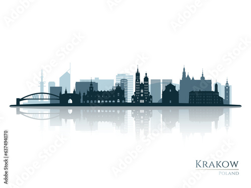 Krakow skyline silhouette with reflection. Landscape Krakow, Poland. Vector illustration.