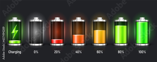 Different battery charge from minimal to full. Vector illustration.