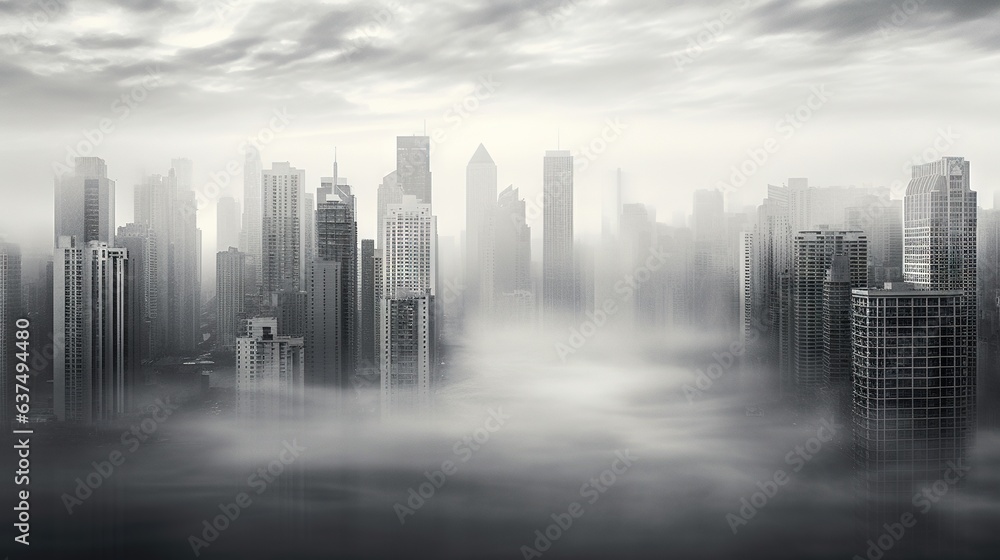 Fototapeta premium a black and white photo of a city in the fog. generative ai