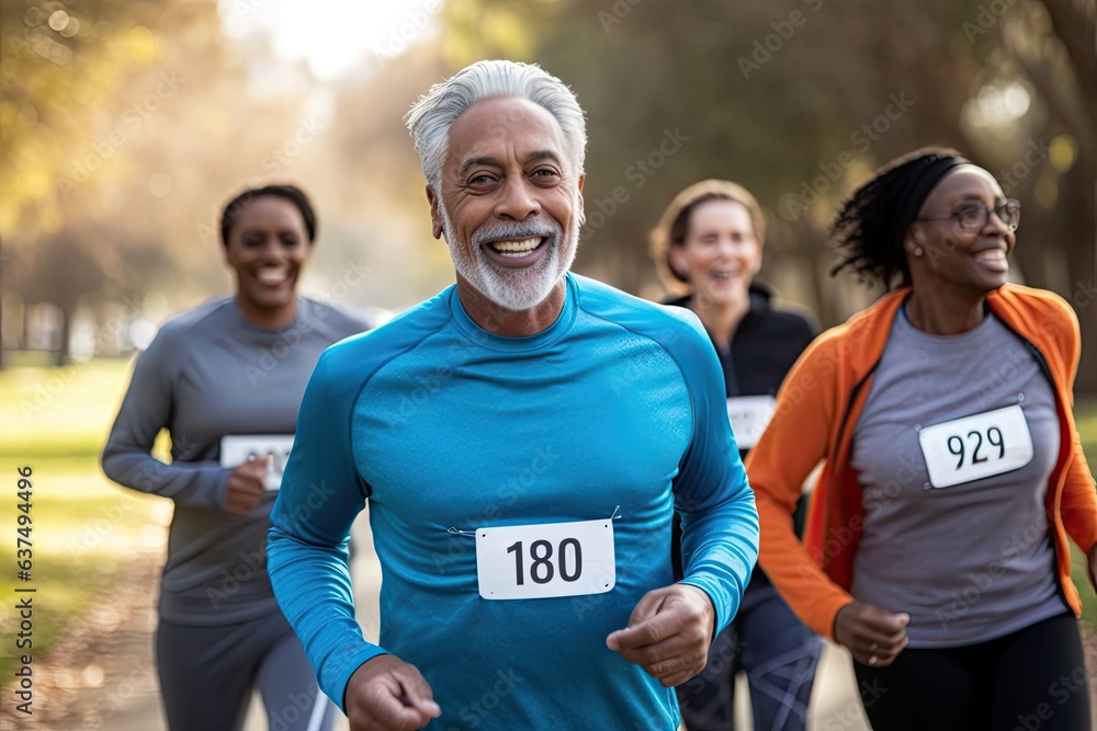 Elderly African-American man races with diverse group of seniors in park. Photo generative AI