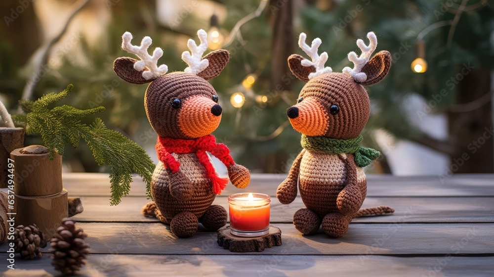 Christmas toy knitted deer. Handmade knitted toy created with Generative AI technology. - obrazy, fototapety, plakaty 
