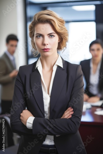 portrait of confident female lawyer with clients on tablet in background