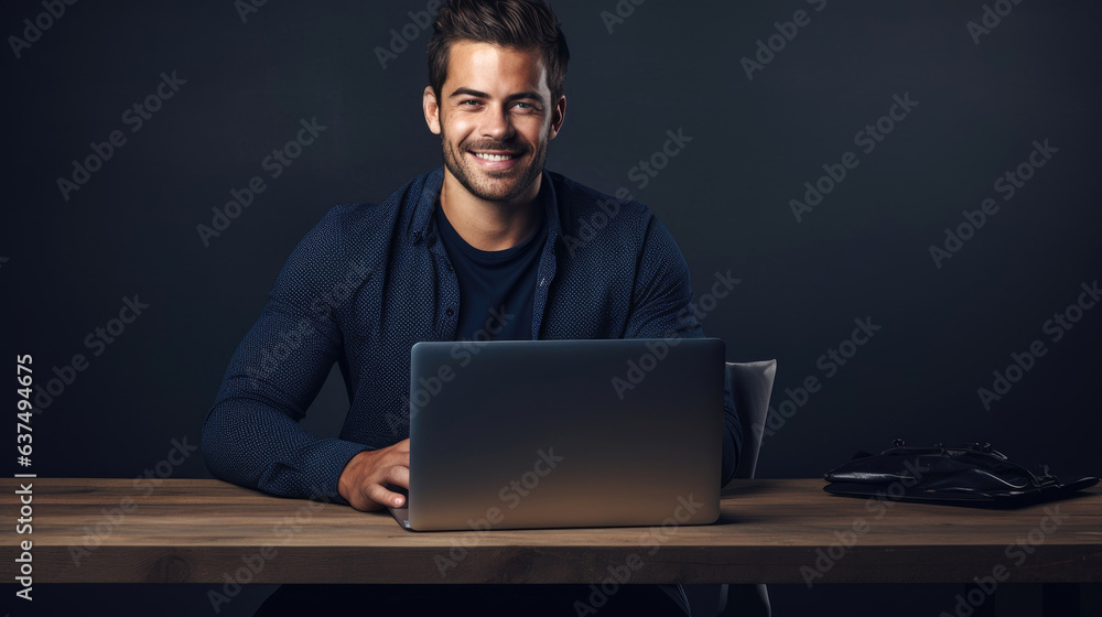 An attractive casual dressed man sitting at a desk with a laptop and smiling at the camera with a dark navy blue black wall behind him. Generative AI An attractive casual dressed man sitting at a desk with a laptop and smiling at the camera with a dark navy blue black wall behind him. Generative AI
