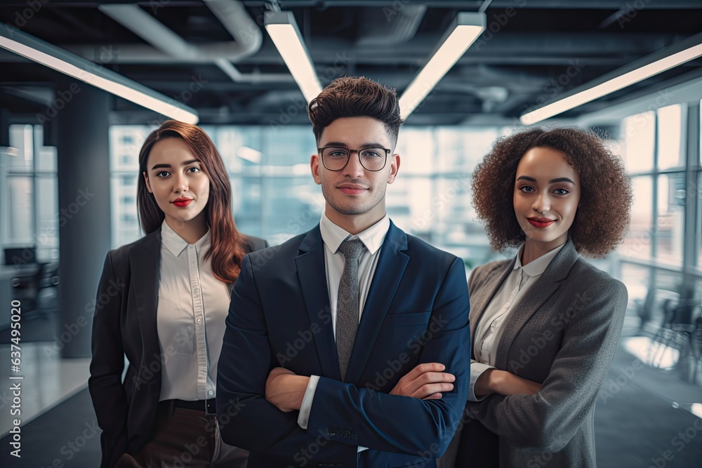 Business team in office portrait. Photo generative AI Business team in office portrait. Photo generative AI