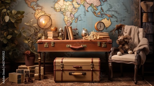  a room with a world map, a chair, a suitcase and a teddy bear.  generative ai