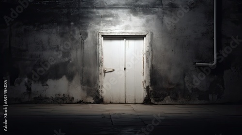 White door against a dark urban background.