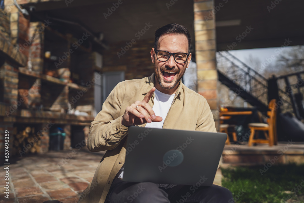 One man happy caucasian male use laptop computer for work video call One man happy caucasian male use laptop computer for work video call