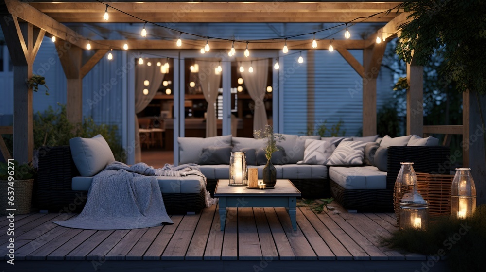 Obraz premium Generative AI, Cozy balcony in the evenind with lantern, garland and candles. Soft sofas and chairs for relax. bohemian ideas