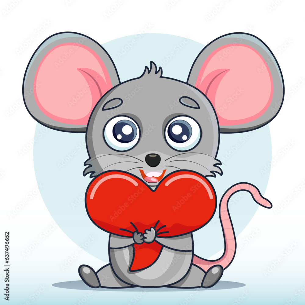 Vector illustration of a cute cartoon little mouse hugging with a heart. Cute, funny, joyful mouse for kindergarten, kids, books, cartoons. Objects of education and development of children. Vector illustration of a cute cartoon little mouse hugging with a heart. Cute, funny, joyful mouse for kindergarten, kids, books, cartoons. Objects of education and development of children.