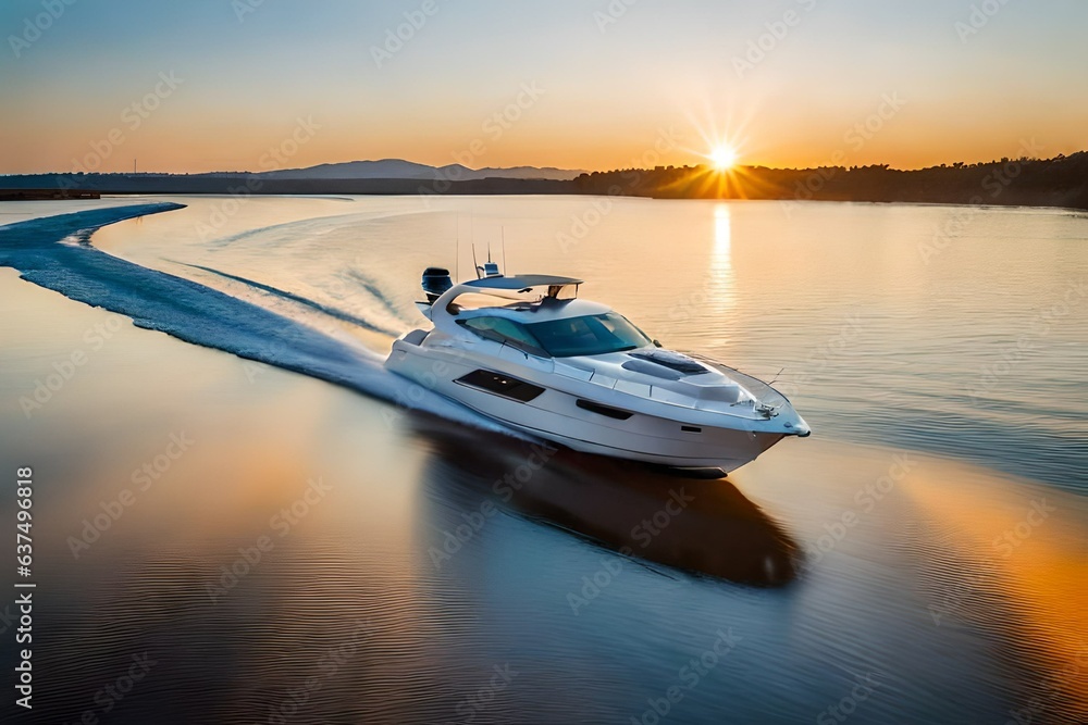 Aerial view of driving powerboat on lake. Sun set on river. generated by AI tool Aerial view of driving powerboat on lake. Sun set on river. generated by AI tool