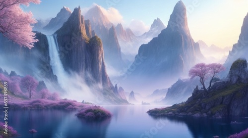 Great fantasy mountains with waterfalls background panorama