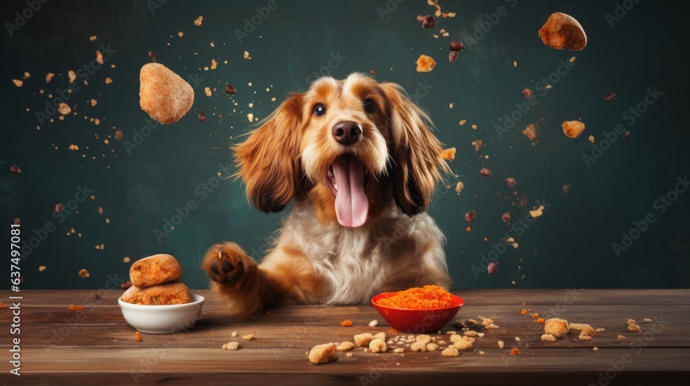 Happy dog with delicious pet food. Generative AI - obrazy, fototapety, plakaty 